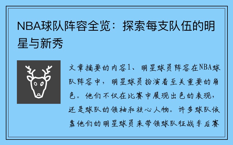 NBA球队阵容全览：探索每支队伍的明星与新秀